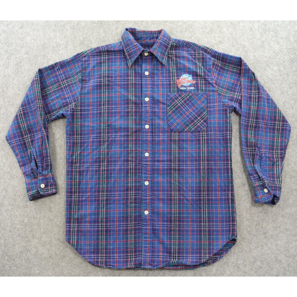 Vintage Planet Hollywood Shirt Mens Medium Blue New York Flannel Logo Plaid